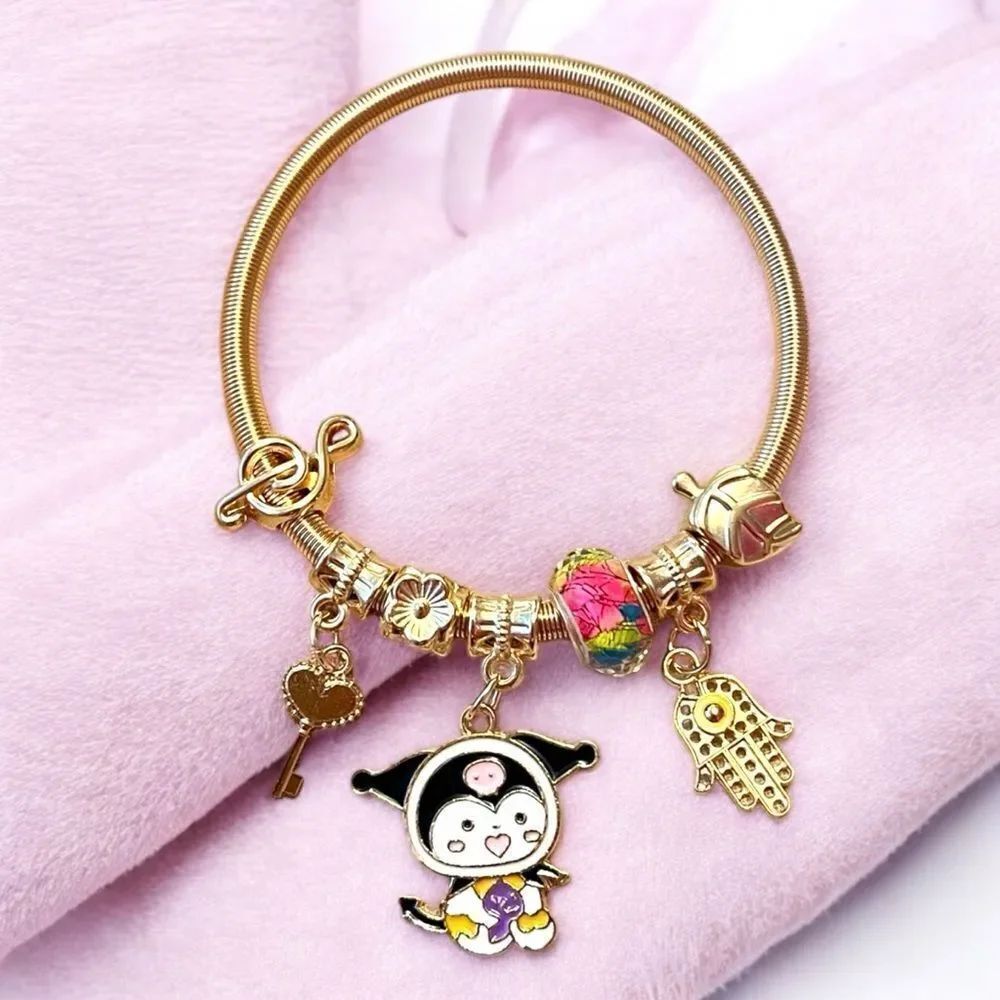 Kuromi Hamsa Key Gold Tone Stretch Charm Bracelet